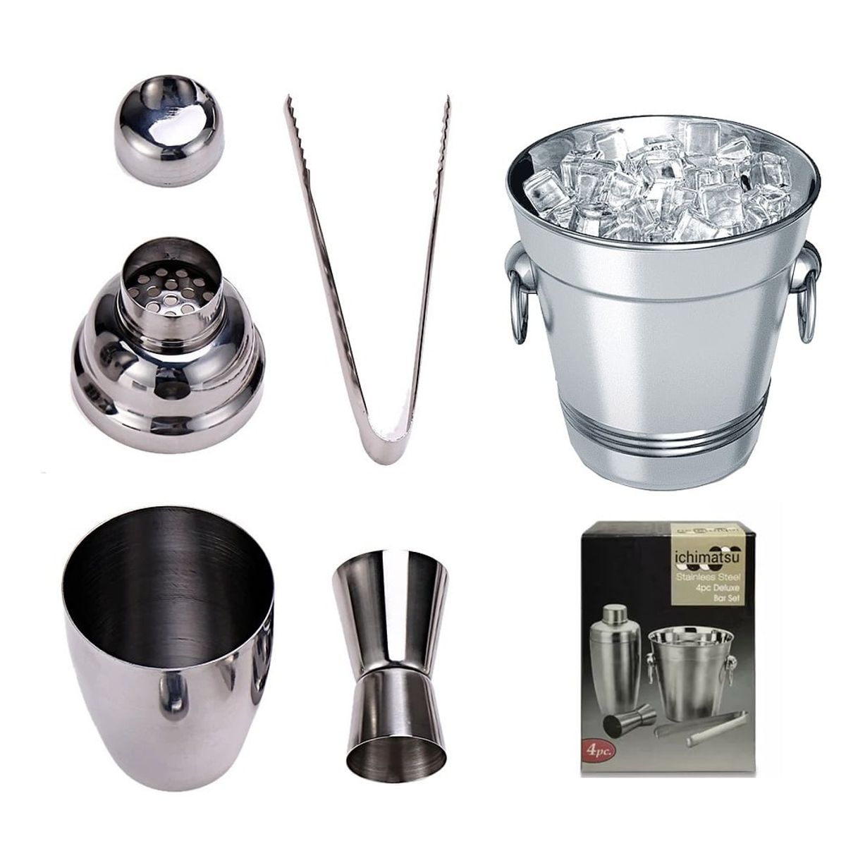 GENERICO - Set de 4 Piezas Para Bartender  Coctelera  Onzera  Hielera y Pinza