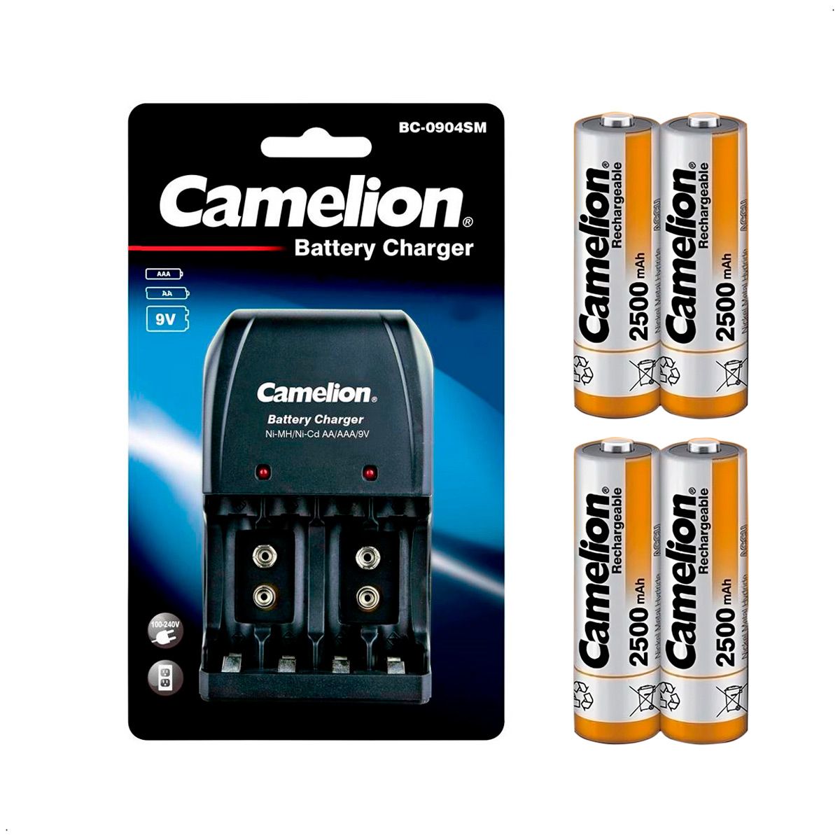 CAMELION - Cargador de Pilas Camelion incluye 4 Pilas recargables 2500mah