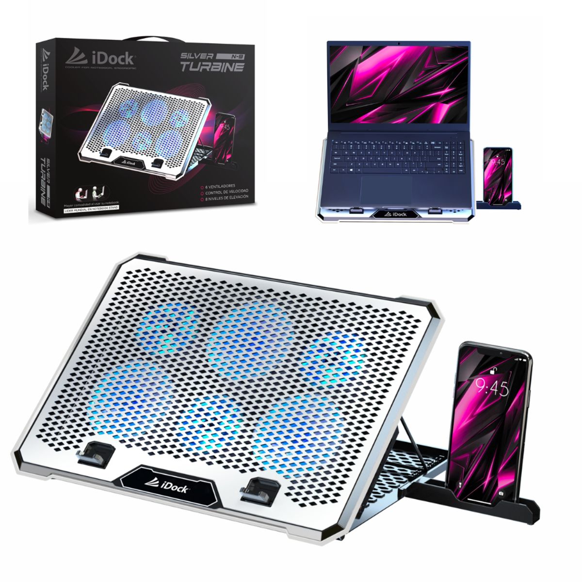 IDOCK - Cooler para Laptop mas soporte de movil iDock Turbine N9 Silver