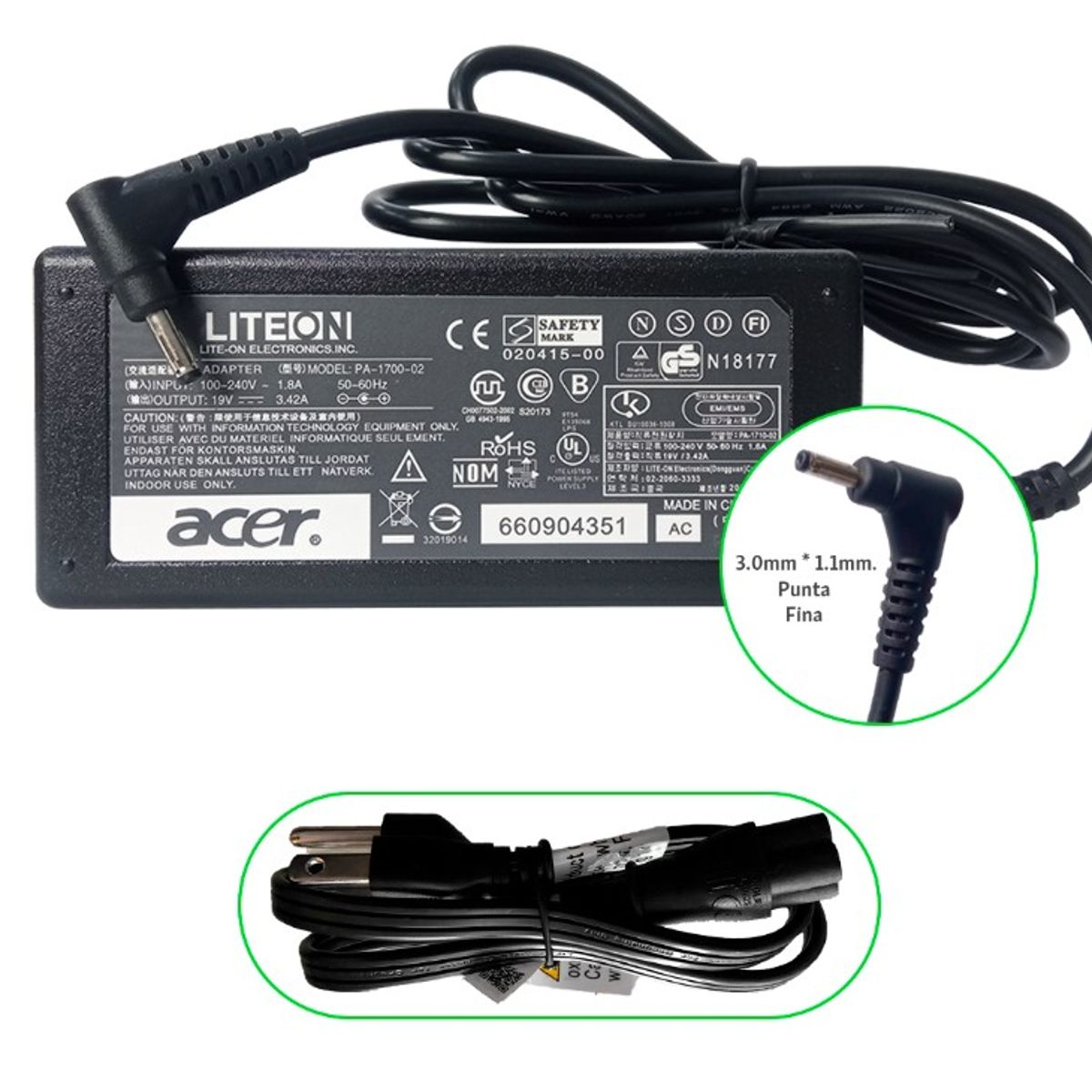 GENERICO - CARGADOR PARA LAPTOPS ACER 19V 3.42A  3.0*1.1 PUNTA FINA COMPATIBLE