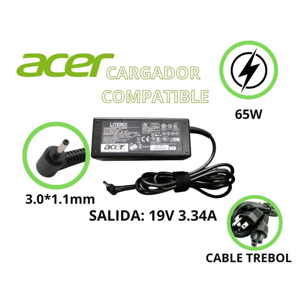 GENERICO - CARGADOR PARA LAPTOPS ACER 19V 3.42A  3.0*1.1 PUNTA FINA COMPATIBLE