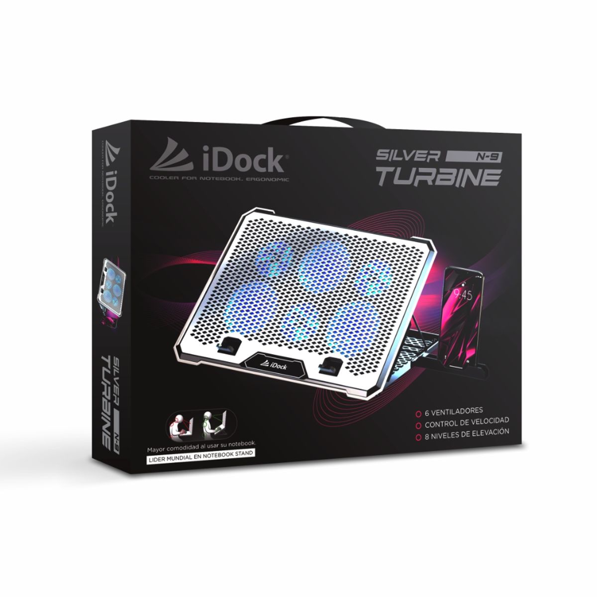 IDOCK - Cooler para Laptop mas soporte de movil iDock Turbine N9 Silver