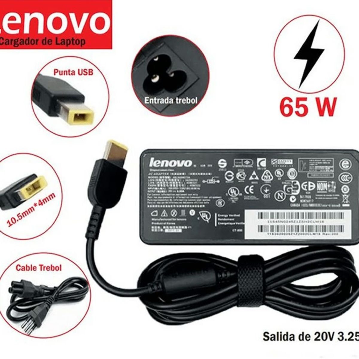 GENERICO - CARGADOR PARA LAPTOPS LENOVO 20V 3.25A  PUNTA USB COMPATIBLE