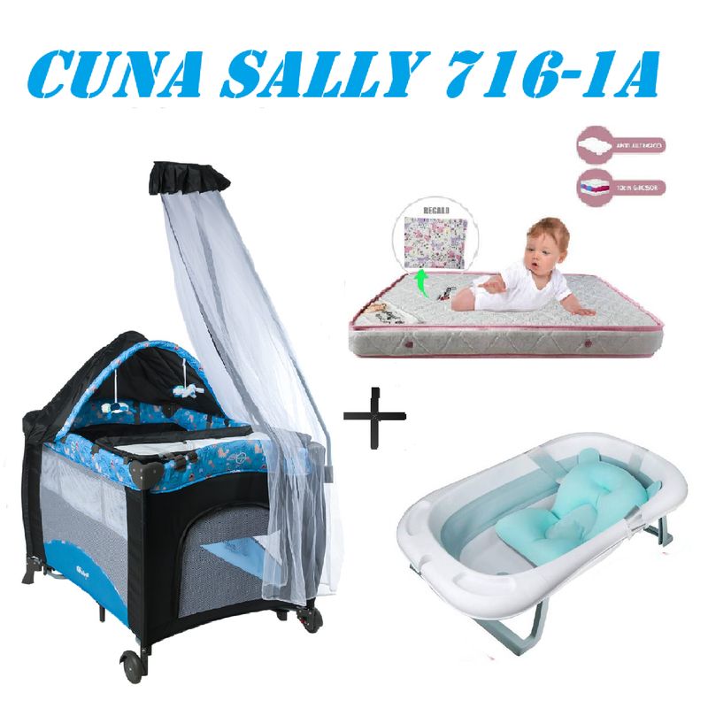 EBABY - Cuna Sally 716-1A Tina Azul Colchon Azul -Rosa
