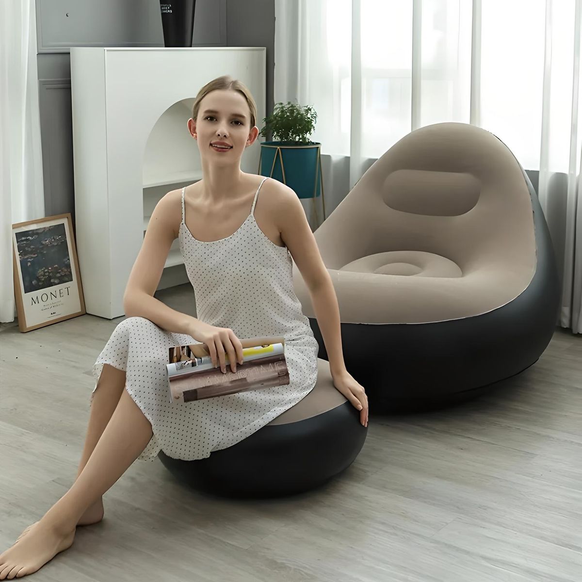 GENERICO - PUFF SILLÓN SOFÁ CAMA CON REPOSA PIES INFLABLE TERRAZA GRIS