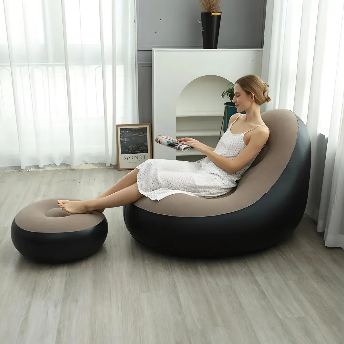 GENERICO - PUFF SILLÓN SOFÁ CAMA CON REPOSA PIES INFLABLE TERRAZA GRIS