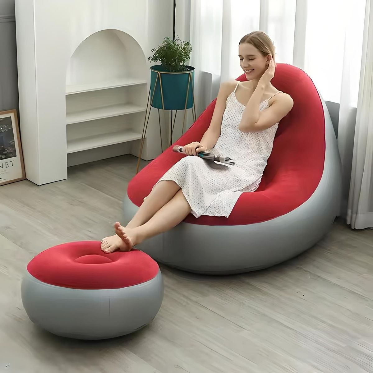 GENERICO - PUFF SILLÓN SOFÁ CAMA CON REPOSA PIES INFLABLE TERRAZA ROJO