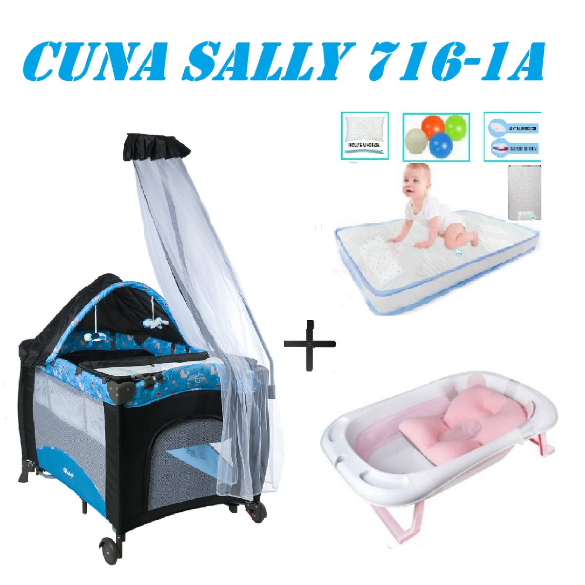 EBABY - Cuna Sally 716-1A Tina Rosa Colchon Azul -celeste