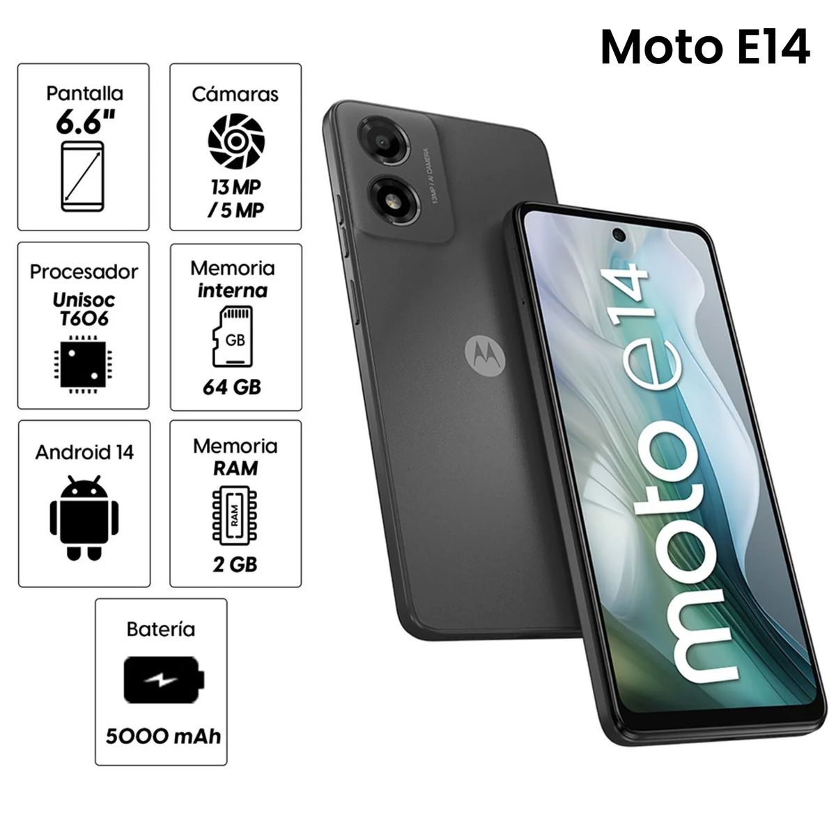 MOTOROLA - Celular Motorola Moto E14 64GB 2GB ram cámara principal 13MP frontal 5MP 66 Pulg gris