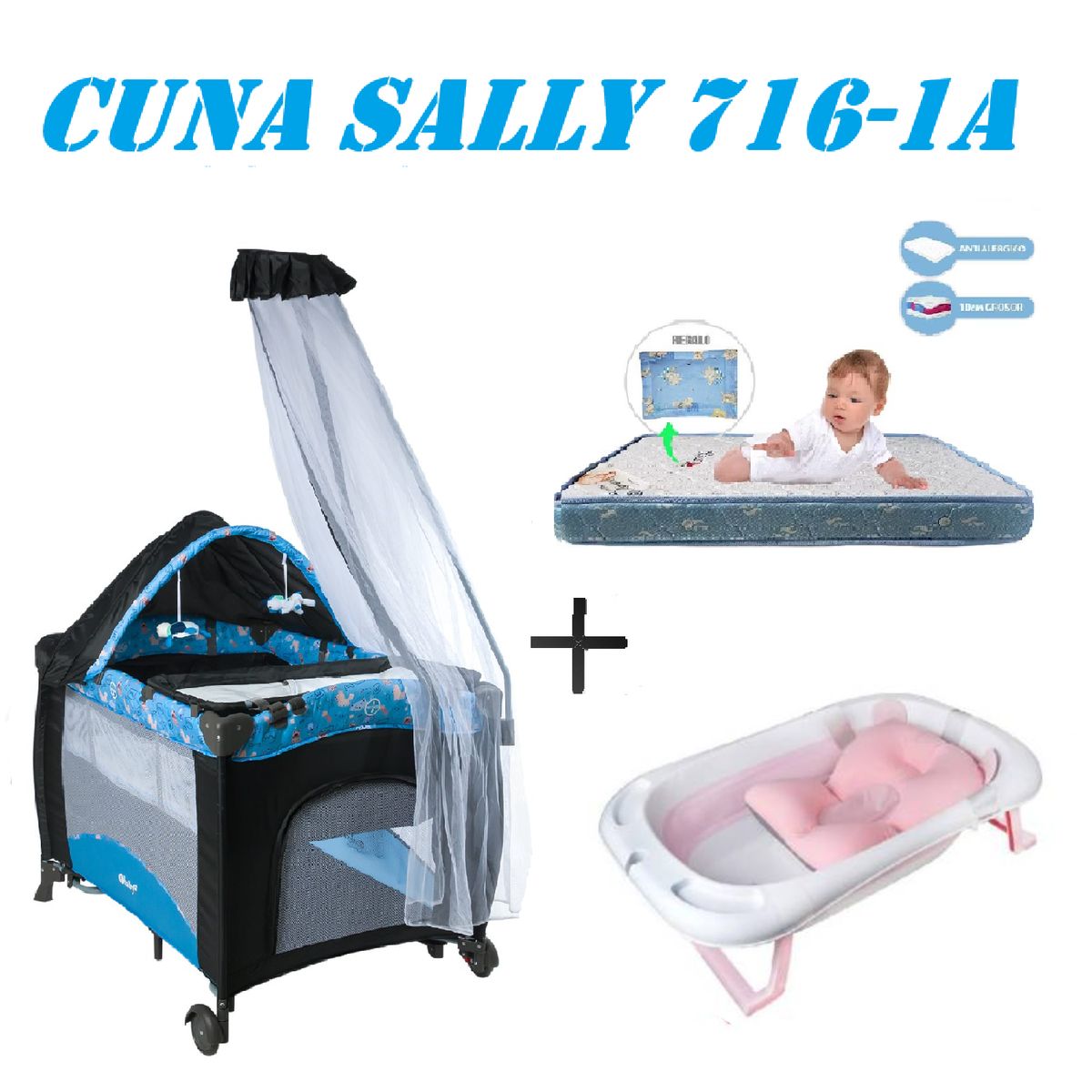 EBABY - Cuna Sally 716-1A Tina Rosa Colchon Azul -Azul