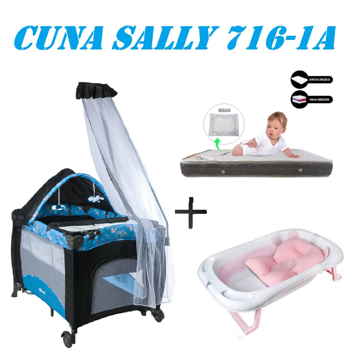 EBABY - Cuna Sally 716-1A Tina Rosa Colchon Azul -Gris