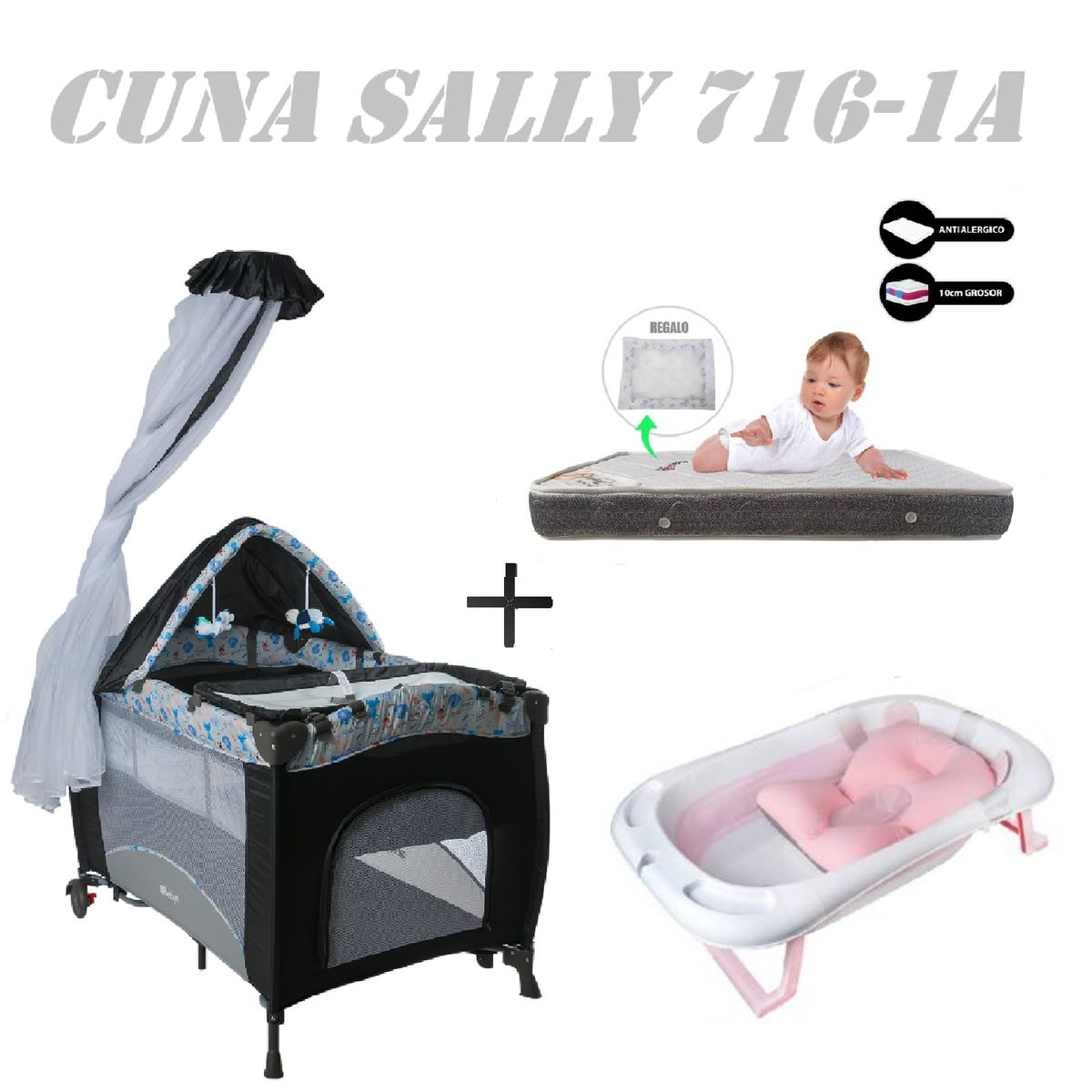 EBABY - Cuna Sally 716-1A Tina Rosa Colchon Gris-Gris