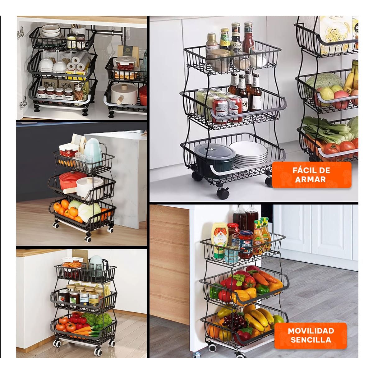 RYBIU IMPORT - Cesta Resistente Movible 3 Niveles para Cocina de Negro