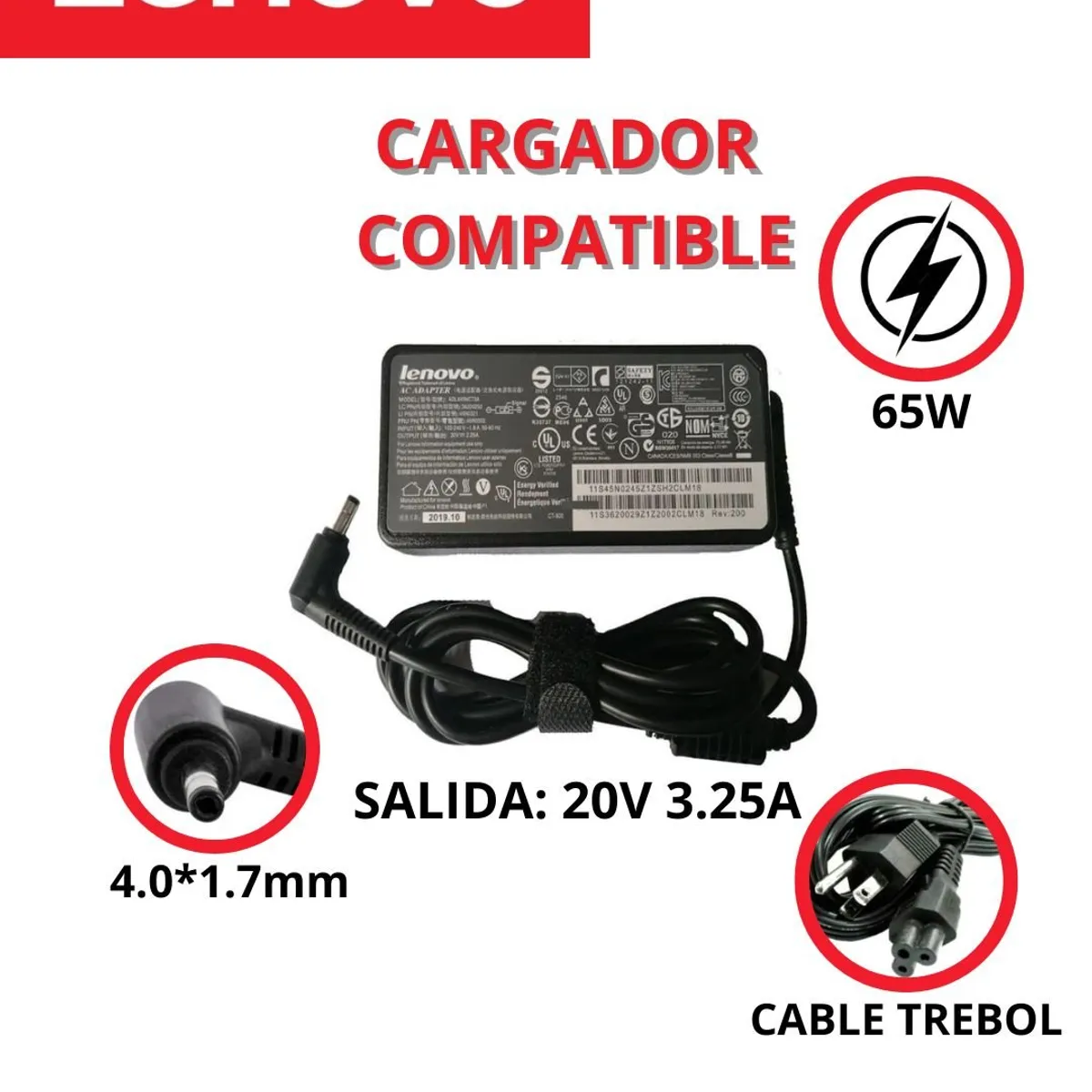 GENERICO - CARGADOR PARA LAPTOPS LENOVO 20V 3.25A  PUNTA MODERNA COMPATIBLE