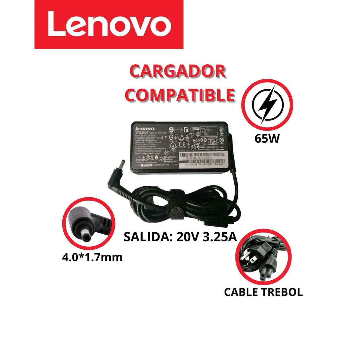 GENERICO - CARGADOR PARA LAPTOPS LENOVO 20V 3.25A  PUNTA MODERNA COMPATIBLE