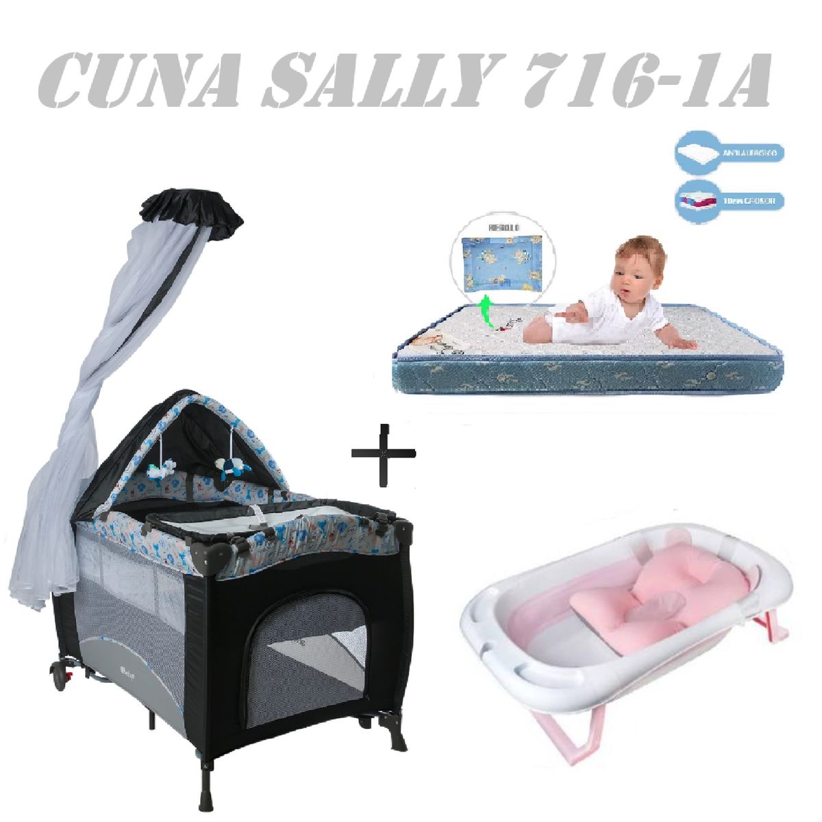 EBABY - Cuna Sally 716-1A Tina Rosa Colchon Gris-Azul