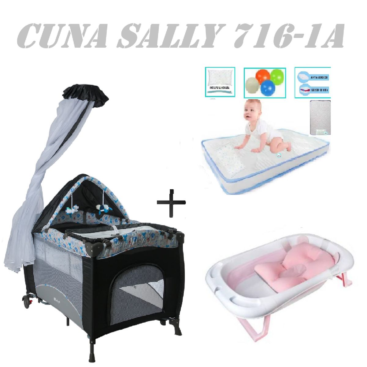 EBABY - Cuna Sally 716-1A Tina Rosa Colchon Gris-Celeste
