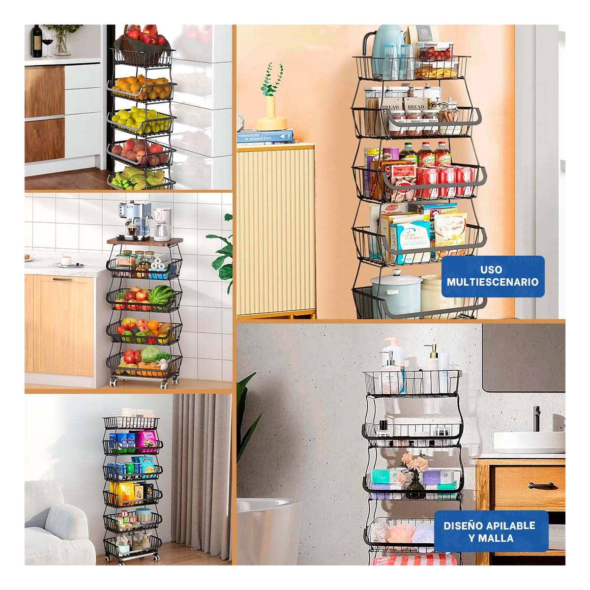 GENERICO - Cesta Movible Resistente 5 Niveles para Cocina de Negro