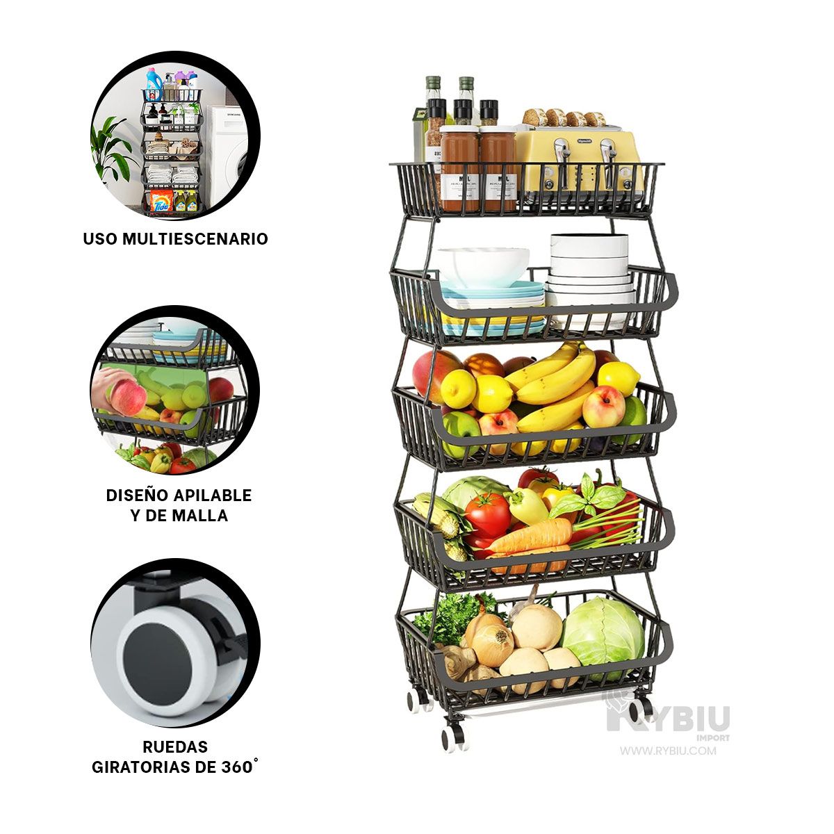 GENERICO - Canasta Estanteria de 5 Niveles en Negro Y+Regalo Agendita