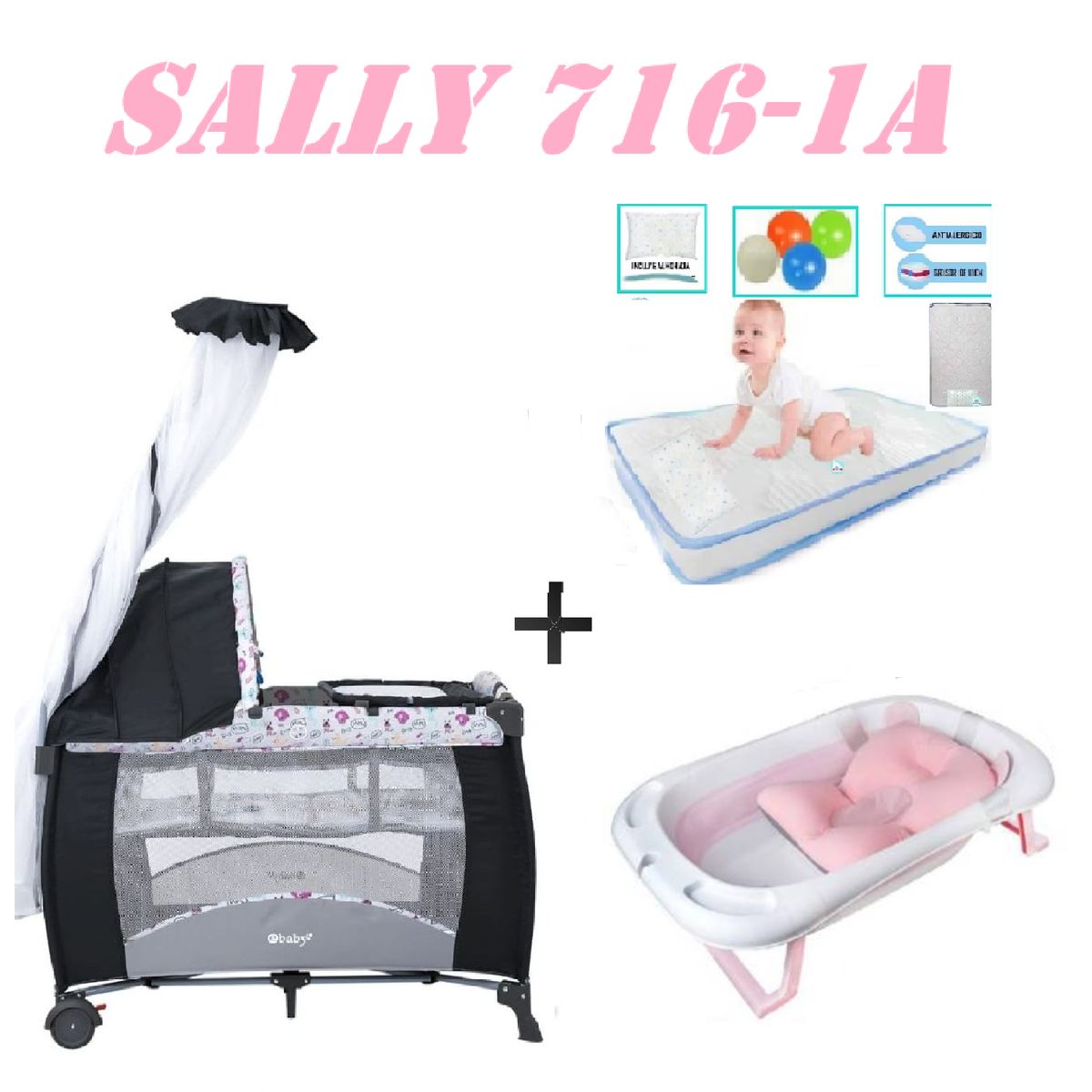 EBABY - Cuna Sally 716-1A Tina Rosa Colchon Rosa -Celeste