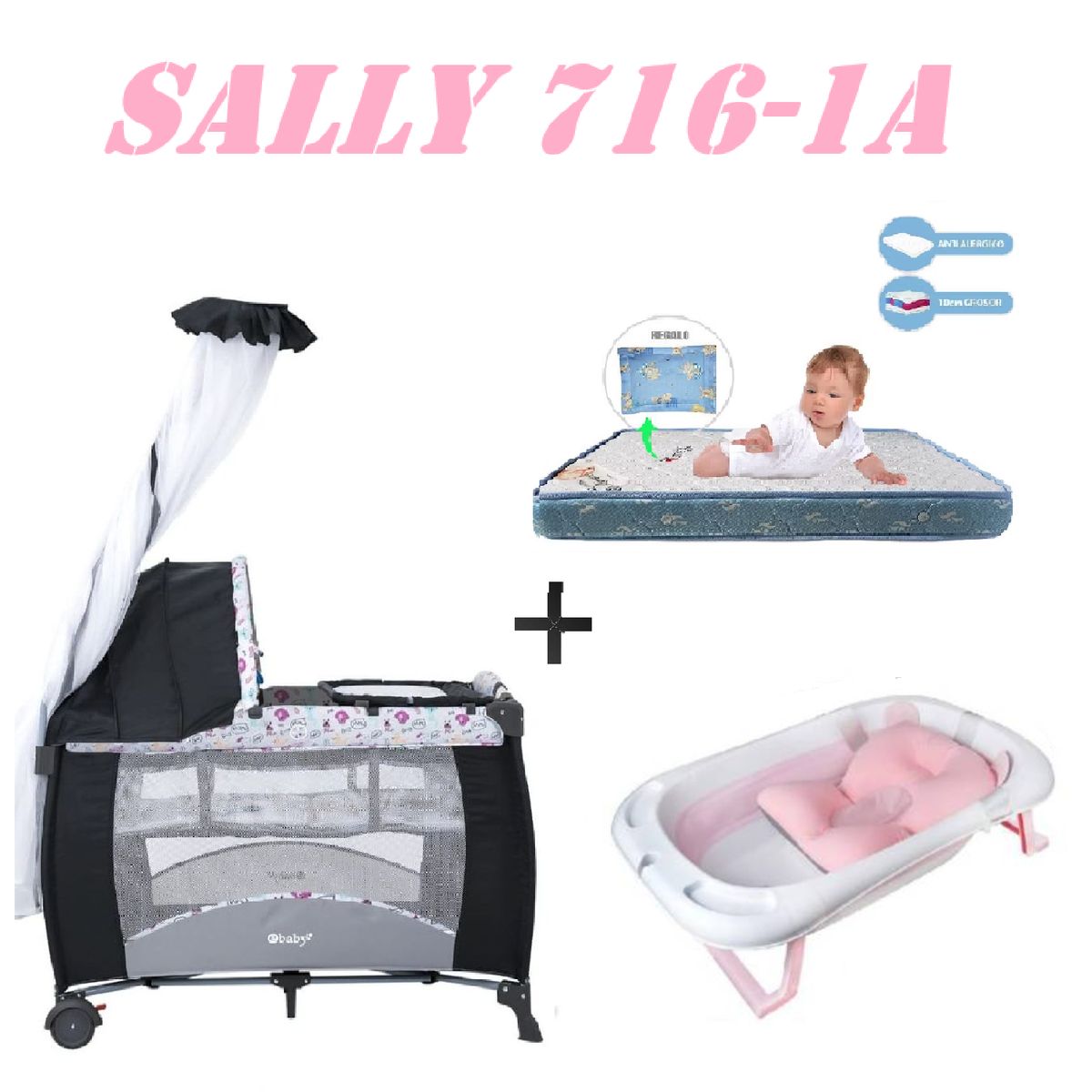 EBABY - Cuna Sally 716-1A Tina Rosa Colchon Rosa -Azul