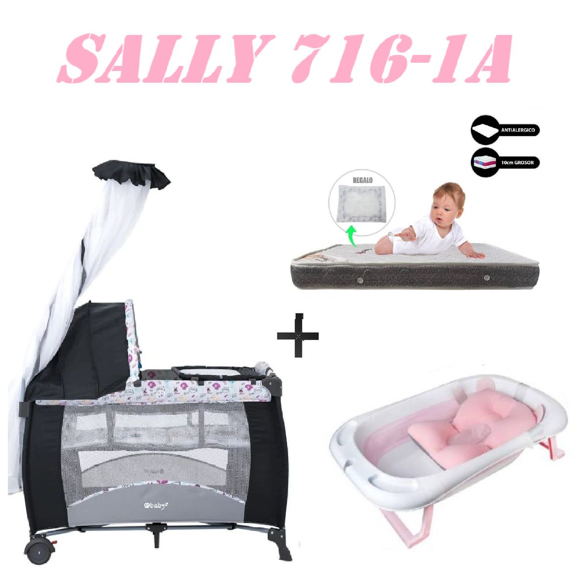 EBABY - Cuna Sally 716-1A Tina Rosa Colchon Rosa -Gris