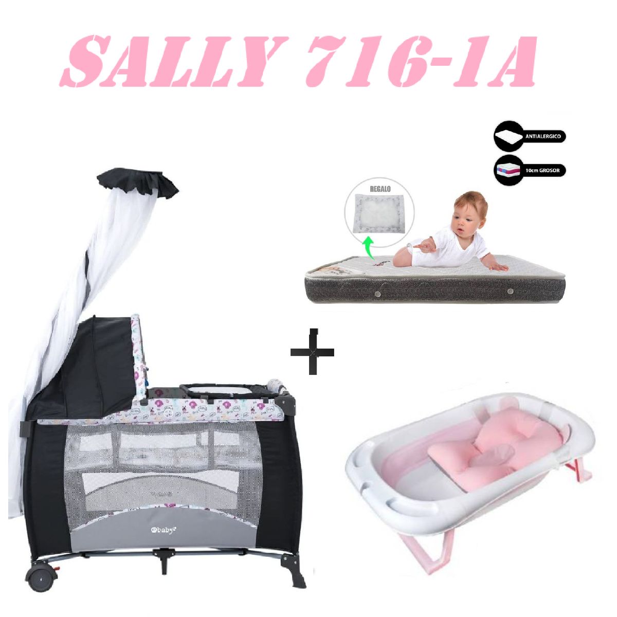 EBABY - Cuna Sally 716-1A Tina Rosa Colchon Rosa -Gris