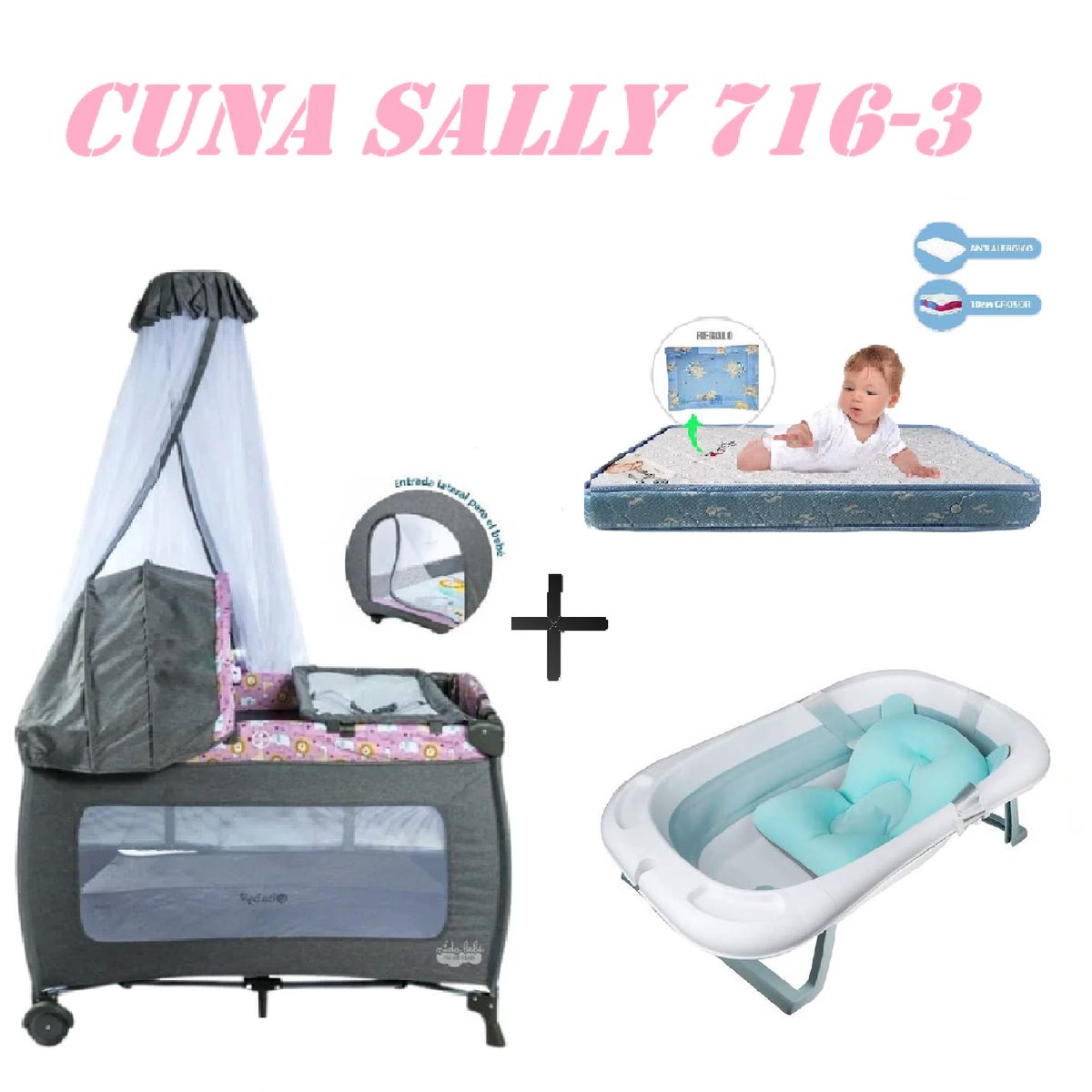 EBABY - Cuna Ebaby 716-3 Sally Tina Azul Colchon Rosa-Azul