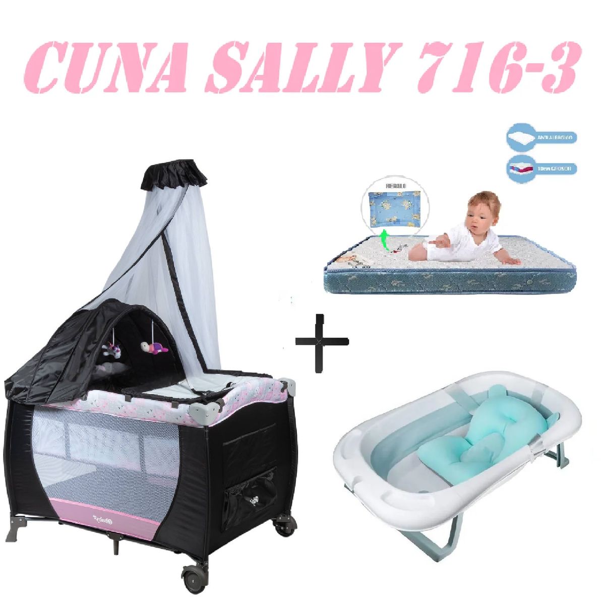 EBABY - Cuna Ebaby 716-3 Sally Tina Azul Colchon Rosa-Azul