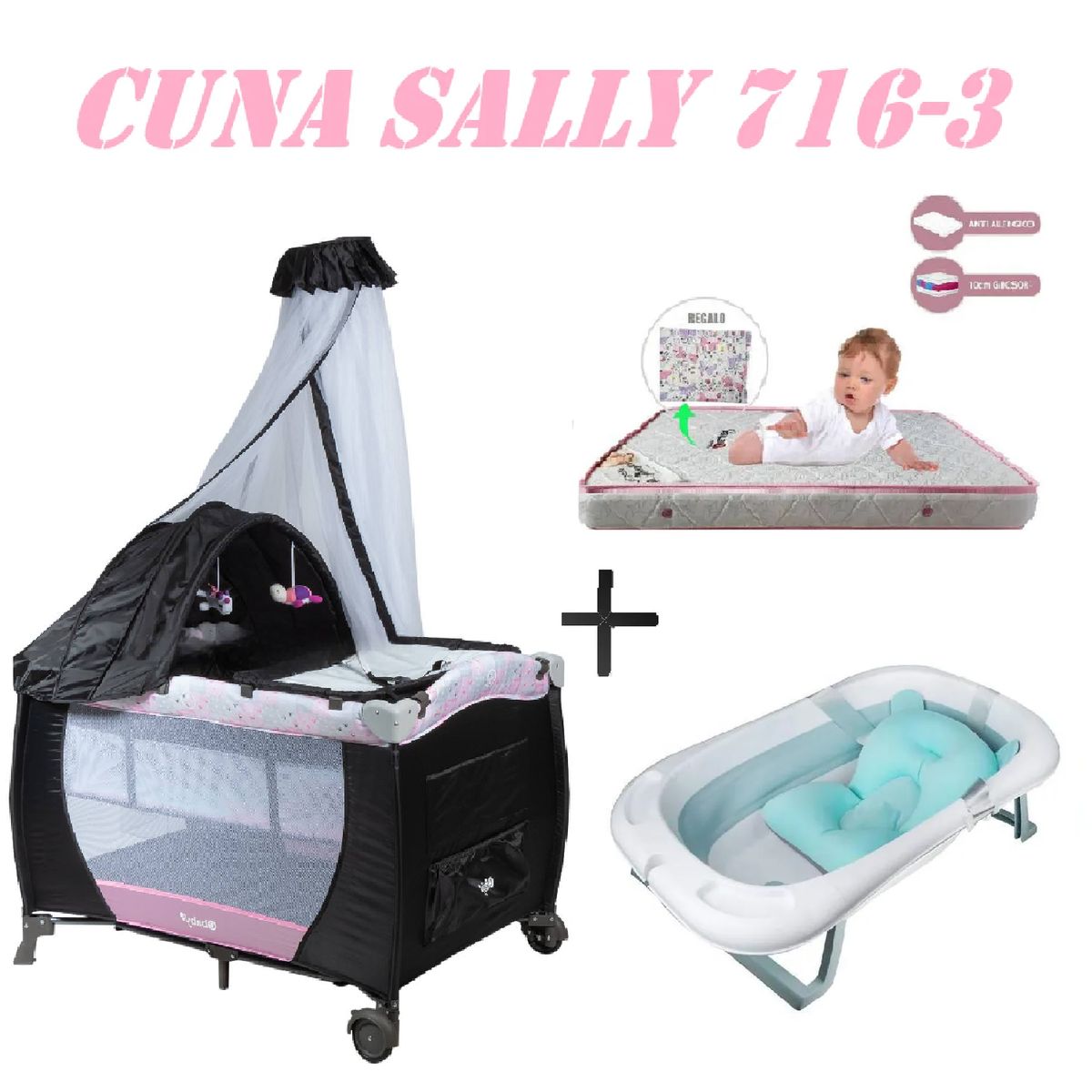 EBABY - Cuna Ebaby 716-3 Sally Tina Azul Colchon Rosa-Rosa