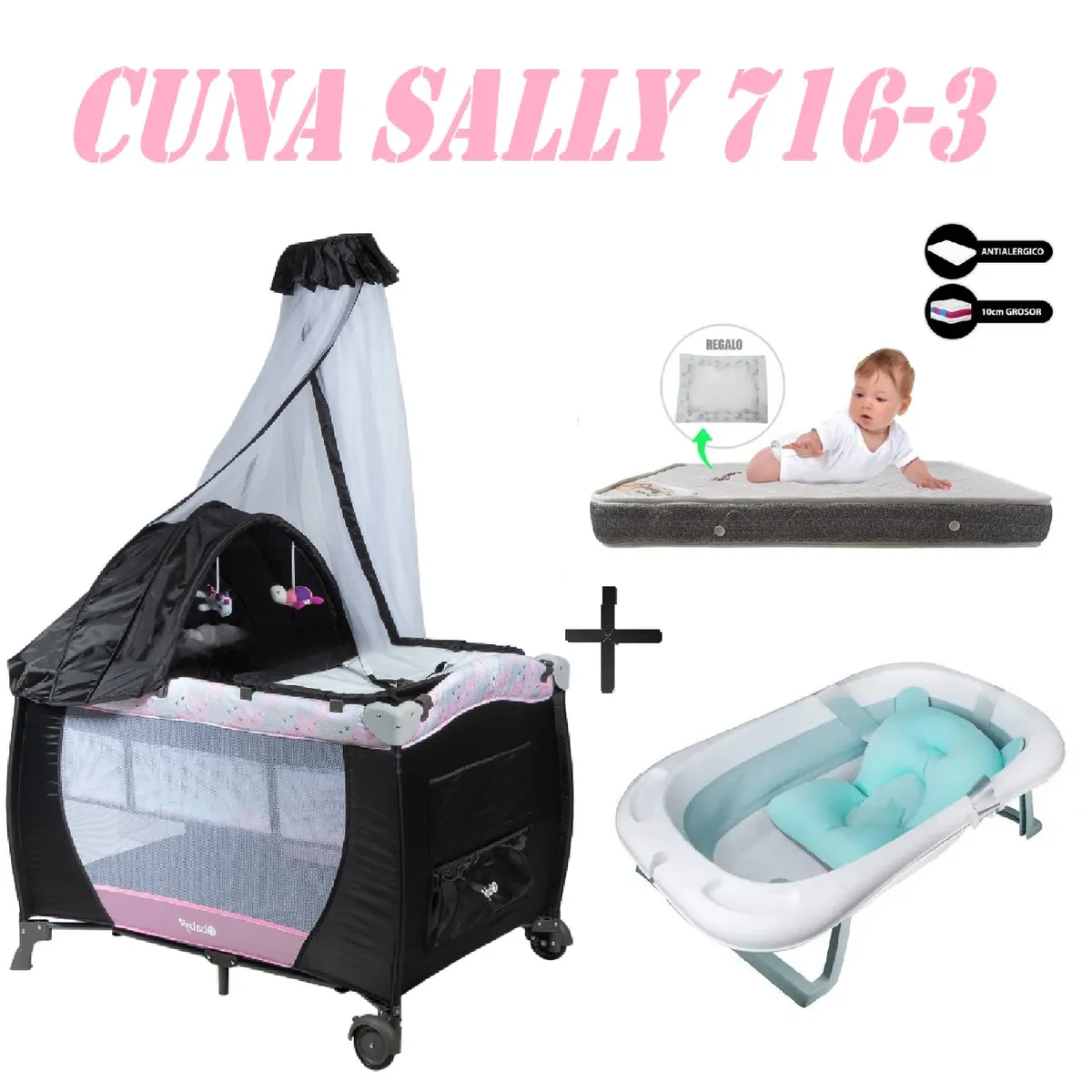EBABY - Cuna Ebaby 716-3 Sally Tina Azul Colchon Rosa-Gris