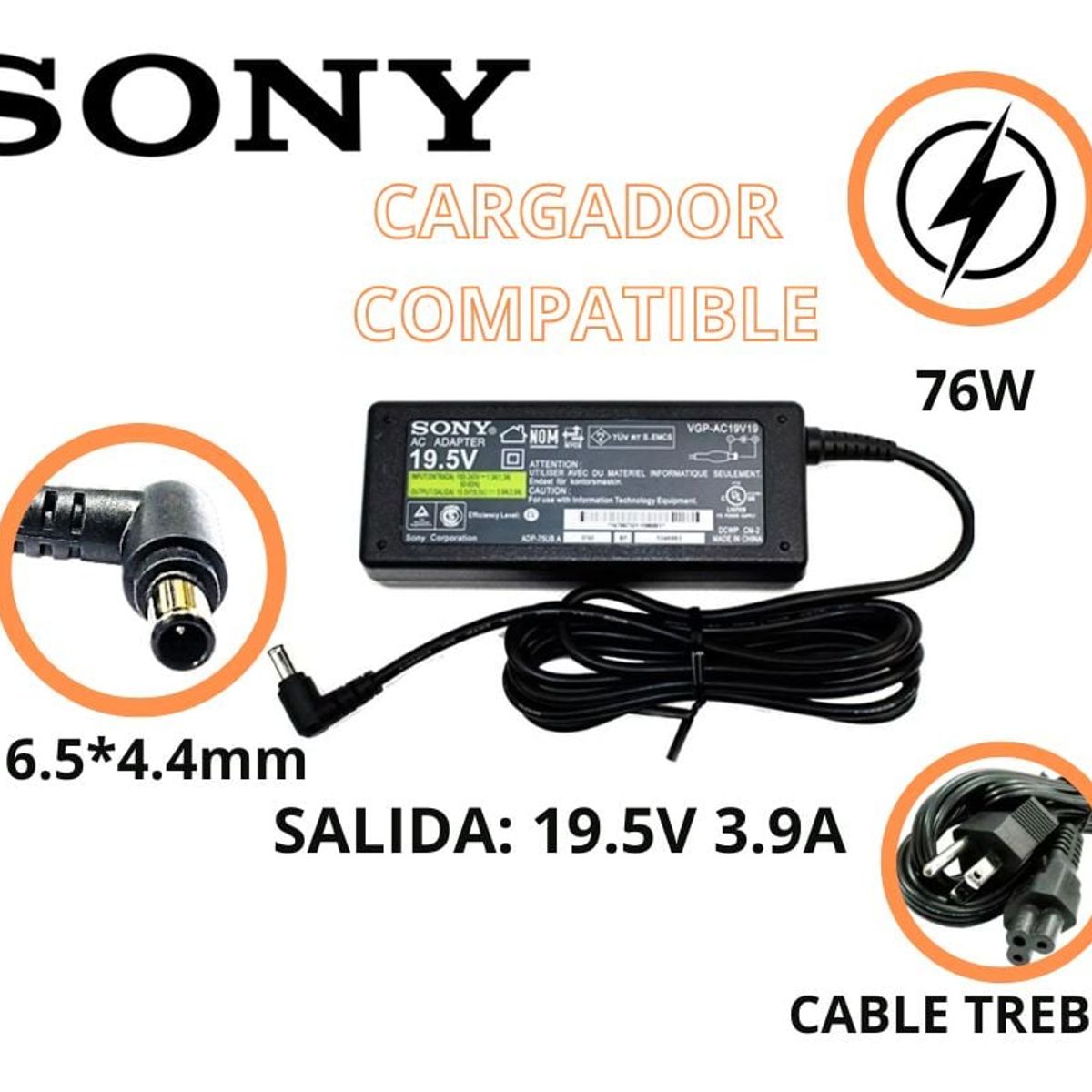 GENERICO - CARGADOR PARA LAPTOPS SONY 19.5V 3.9A  6.5*4.4 COMPATIBLE