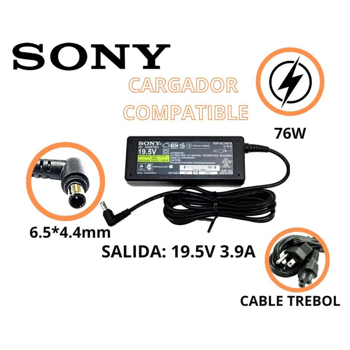 GENERICO - CARGADOR PARA LAPTOPS SONY 19.5V 3.9A  6.5*4.4 COMPATIBLE