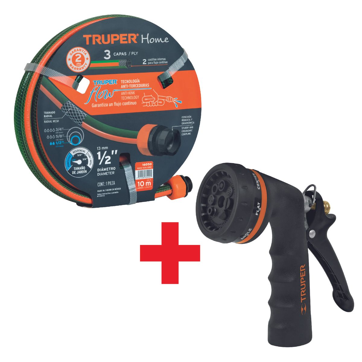 TRUPER - Kit Manguera 1/2" 10 Mts + Pistola Metalica Para Riego 8 Funciones
