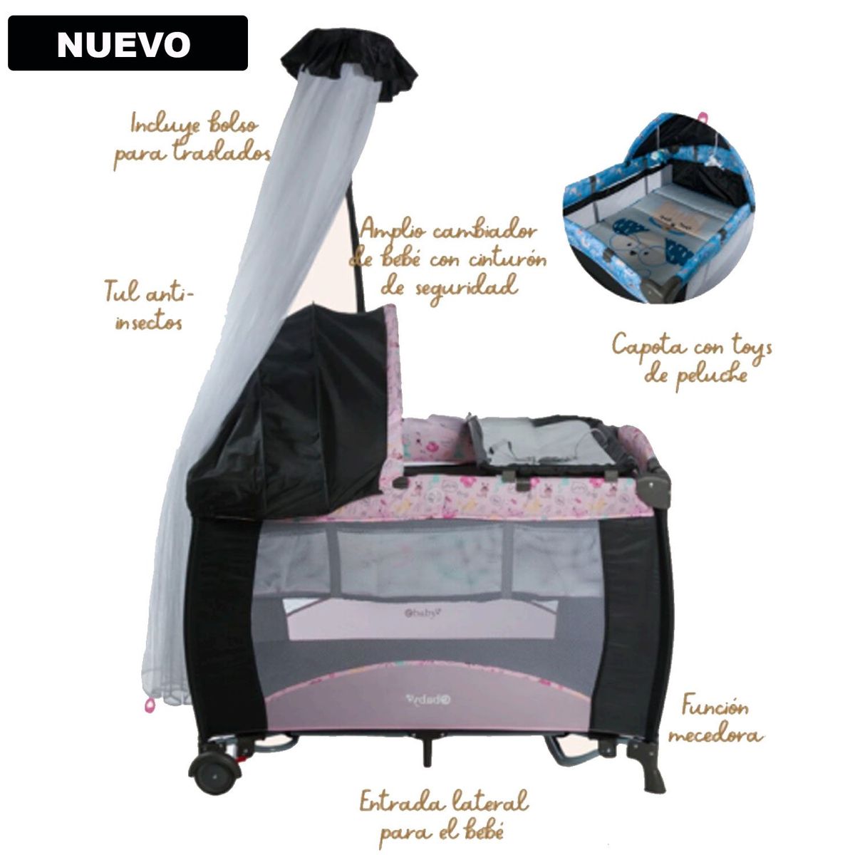 EBABY - Cuna Corral Mecedora Sally 716-1A Rosado