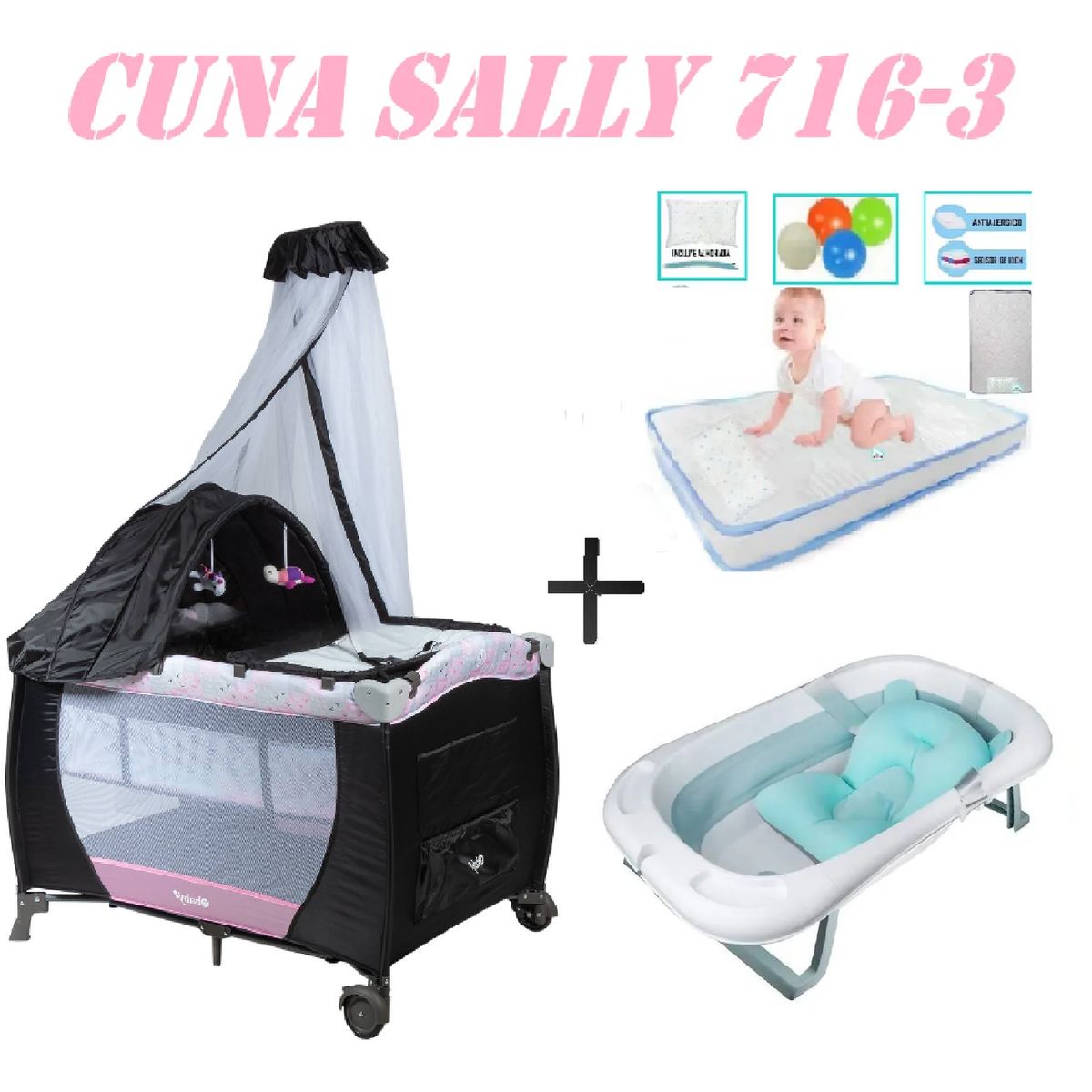EBABY - Cuna Ebaby 716-3 Sally Tina Azul Colchon Rosa-Celeste