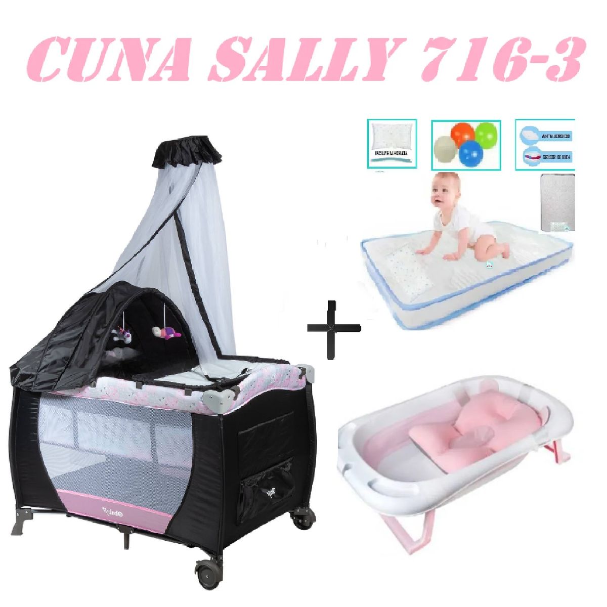 EBABY - Cuna Ebaby 716-3 Sally Tina Rosa Colchon Rosa-Celeste