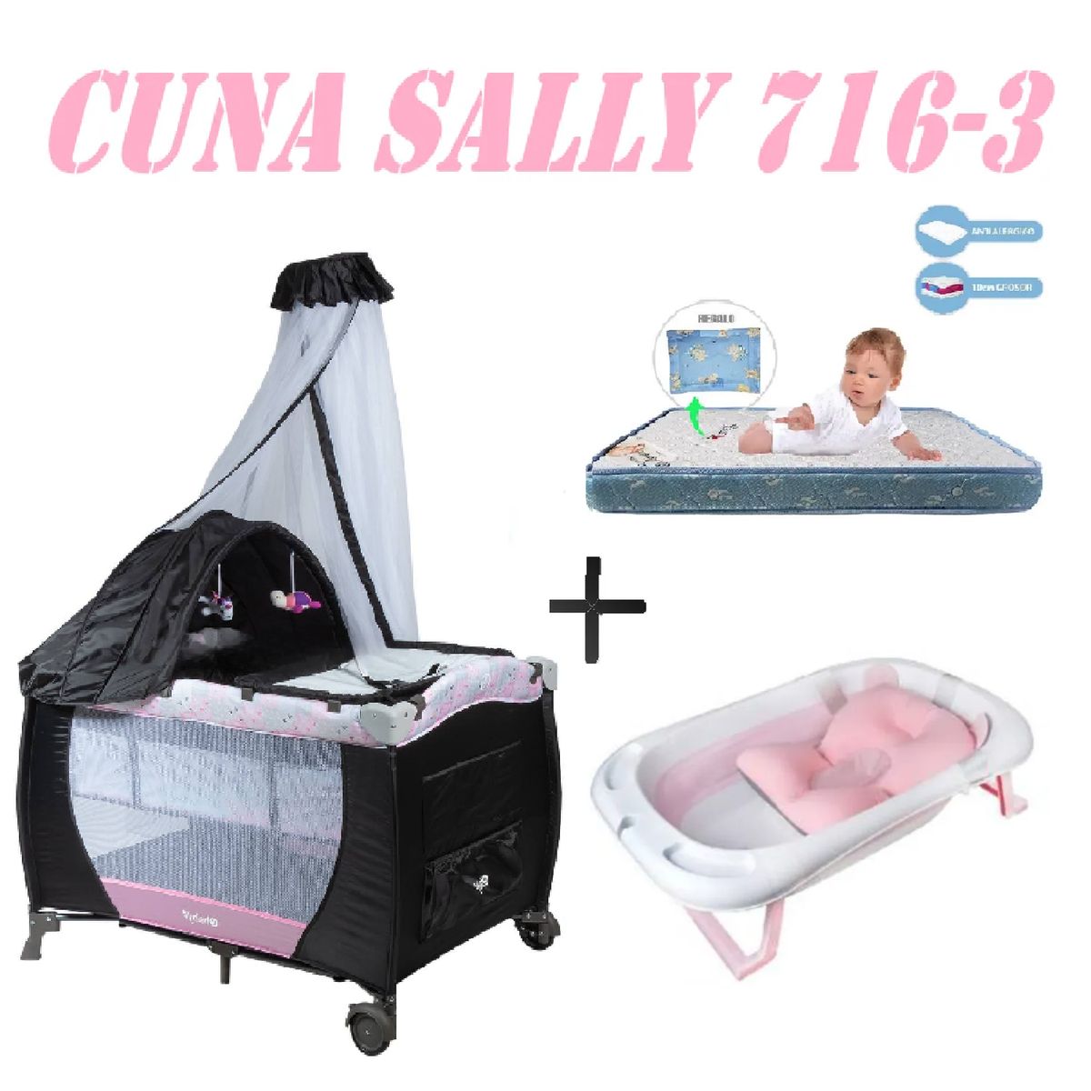 EBABY - Cuna Ebaby 716-3 Sally Tina Rosa Colchon Rosa-Azul