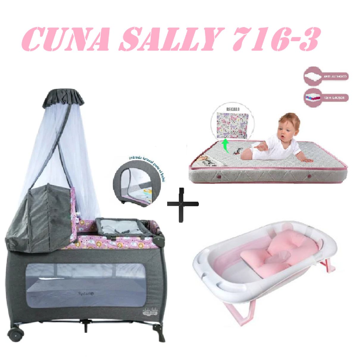 EBABY - Cuna Ebaby 716-3 Sally Tina Rosa Colchon Rosa-Rosa