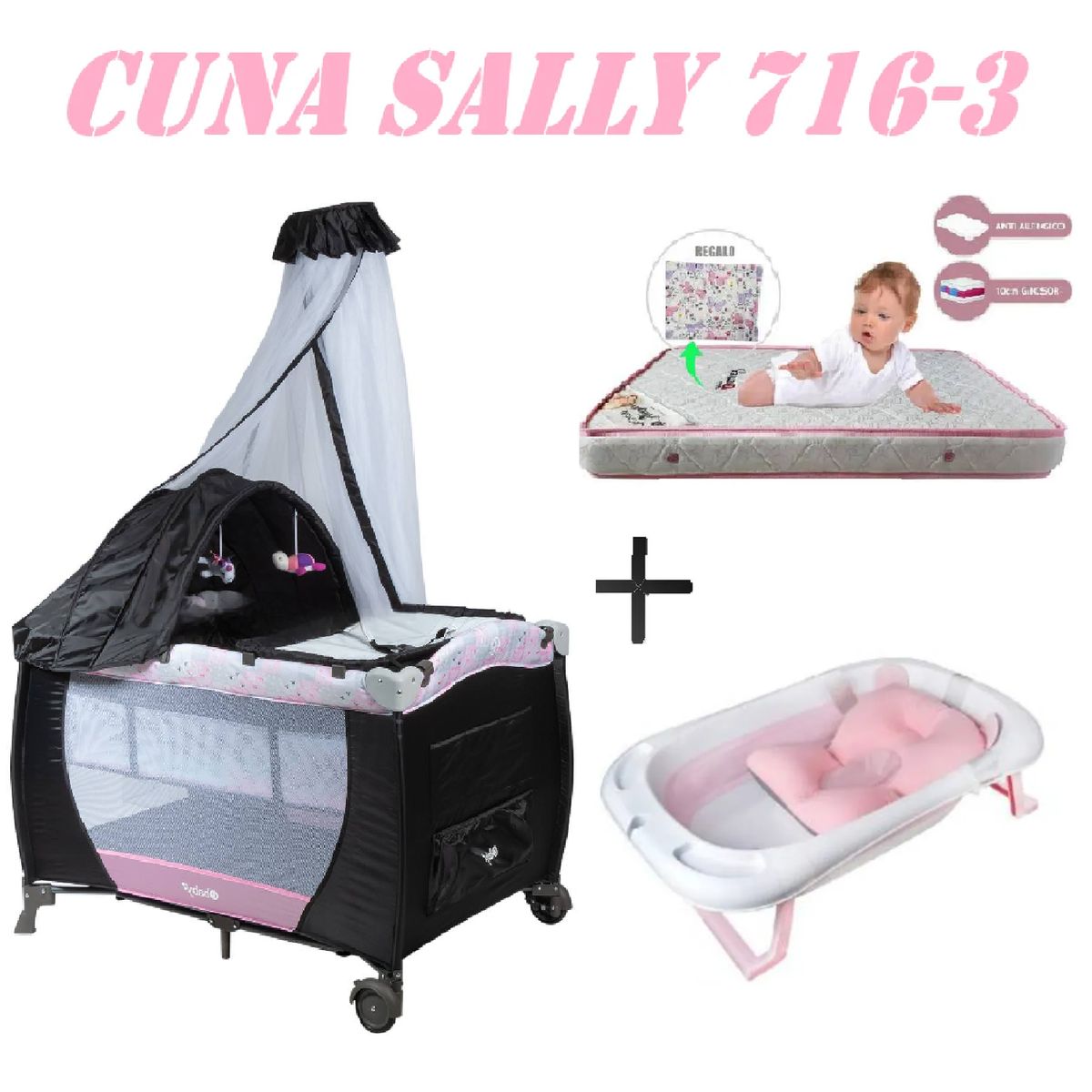 EBABY - Cuna Ebaby 716-3 Sally Tina Rosa Colchon Rosa-Rosa