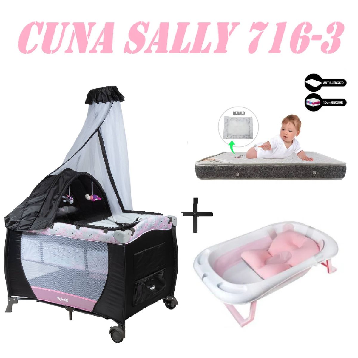 EBABY - Cuna Ebaby 716-3 Sally Tina Rosa Colchon Rosa-Gris
