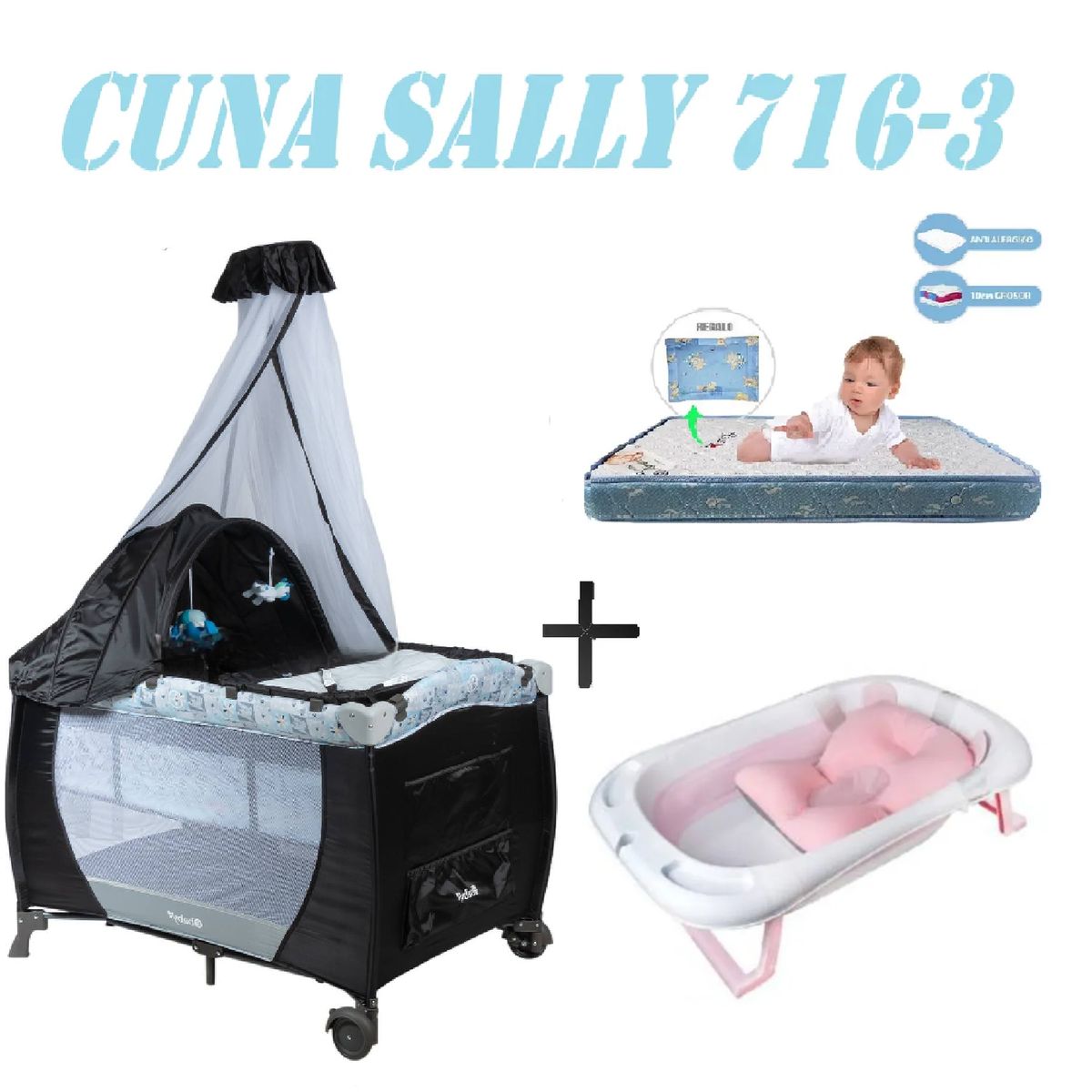 EBABY - Cuna Ebaby 716-3 Sally Tina Rosa Colchon Gris-Azul