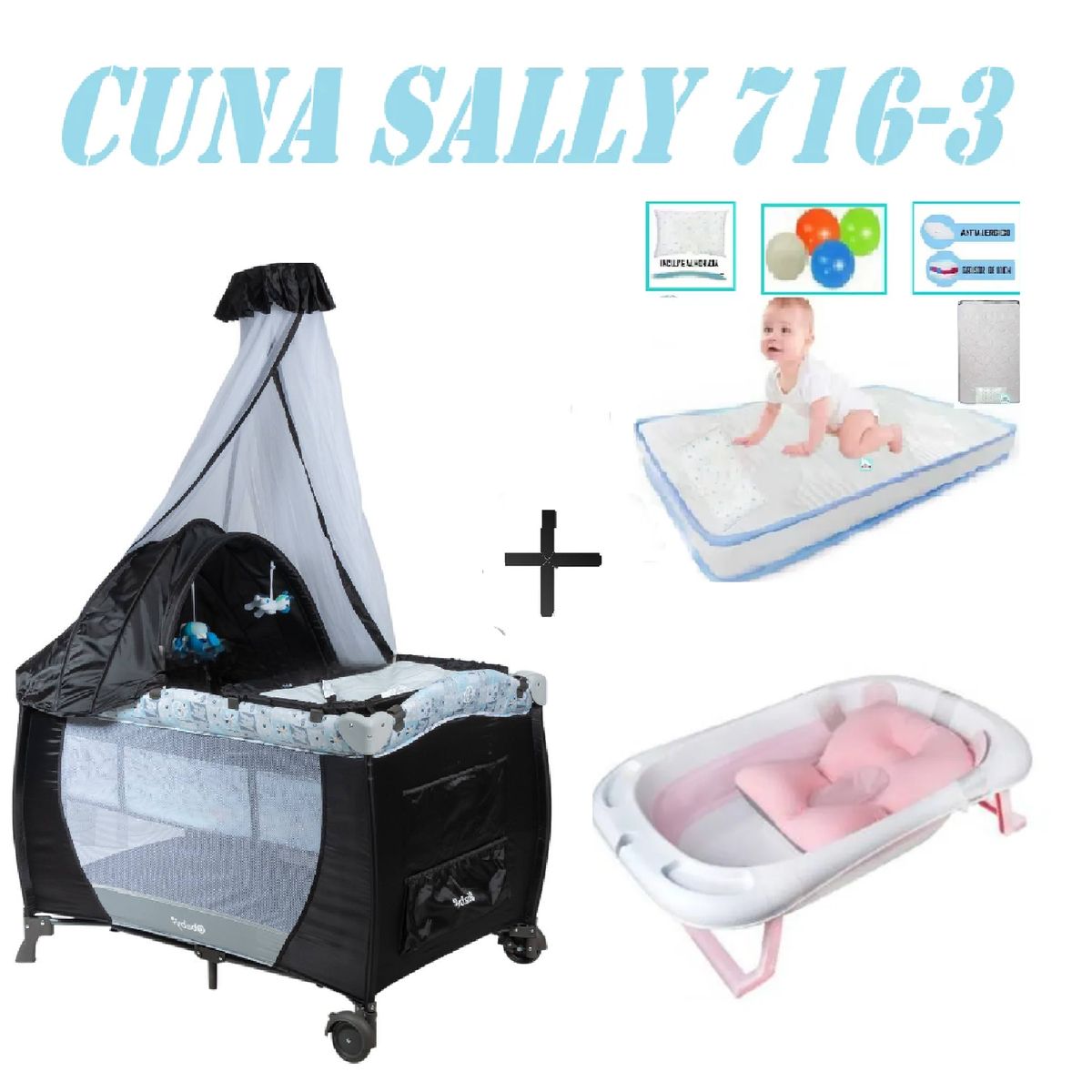 EBABY - Cuna Ebaby 716-3 Sally Tina Rosa Colchon Gris-Celeste