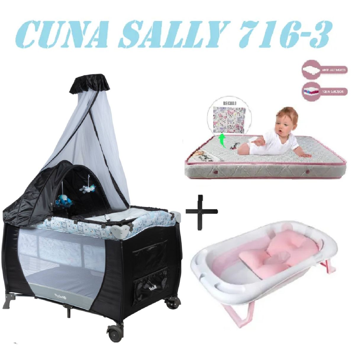 EBABY - Cuna Ebaby 716-3 Sally Tina Rosa Colchon Gris-Rosa