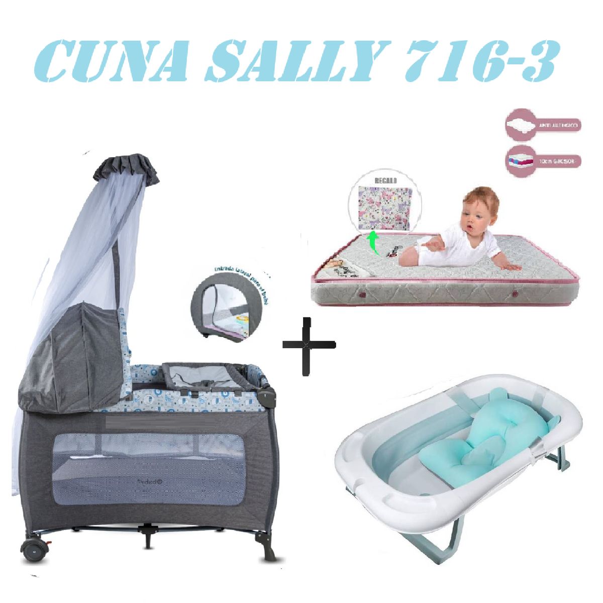 EBABY - Cuna Ebaby 716-3 Sally Tina Azul Colchon Gris-Rosa