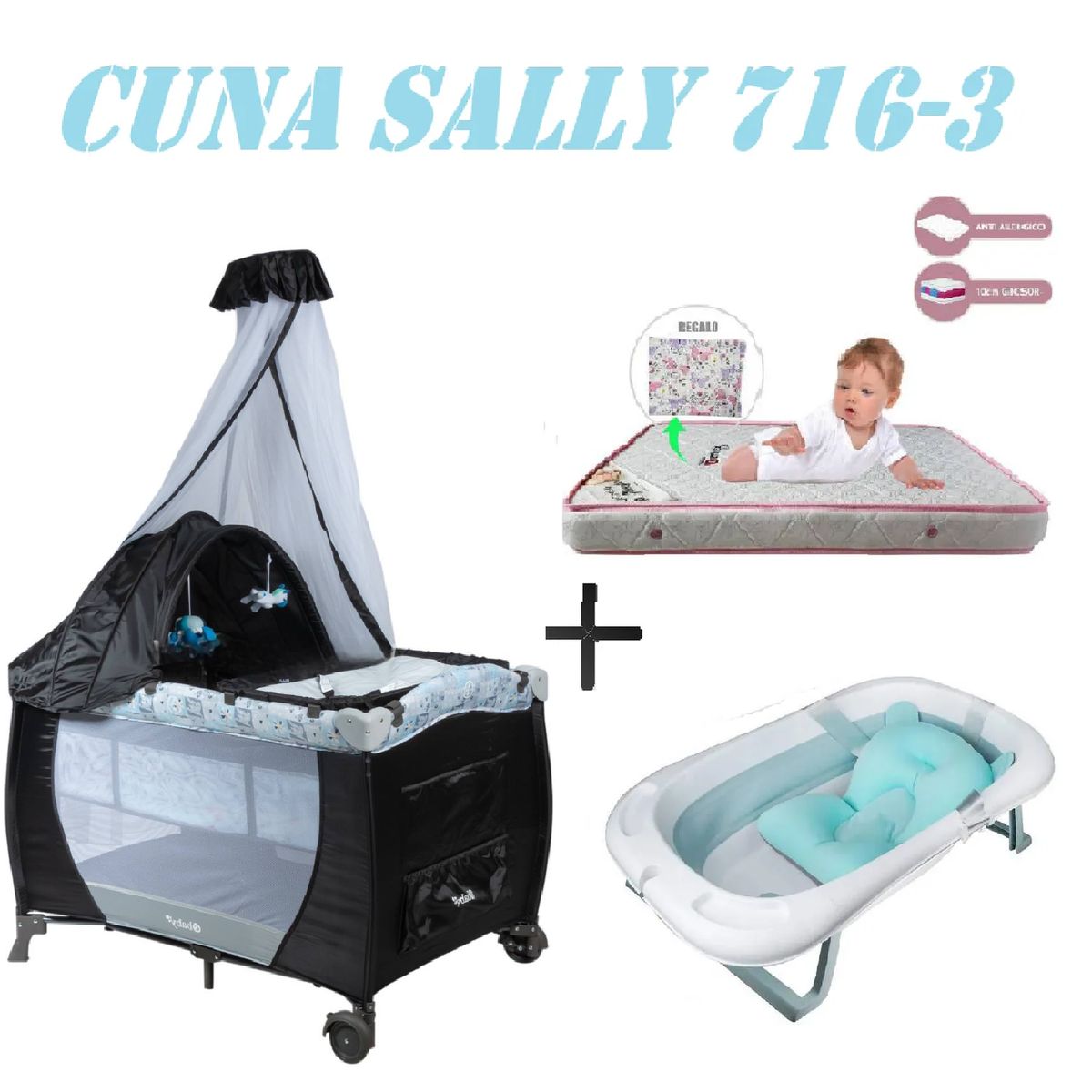 EBABY - Cuna Ebaby 716-3 Sally Tina Azul Colchon Gris-Rosa