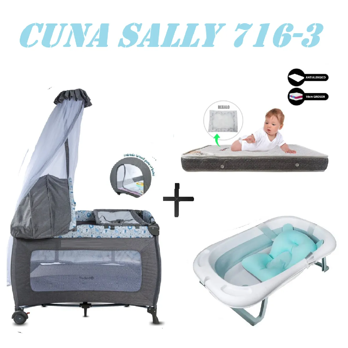 EBABY - Cuna Ebaby 716-3 Sally Tina Azul Colchon Gris-Gris