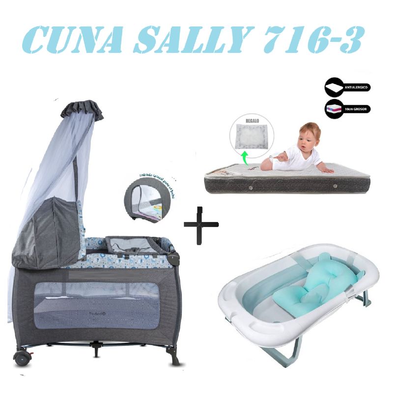 EBABY - Cuna Ebaby 716-3 Sally Tina Azul Colchon Gris-Gris