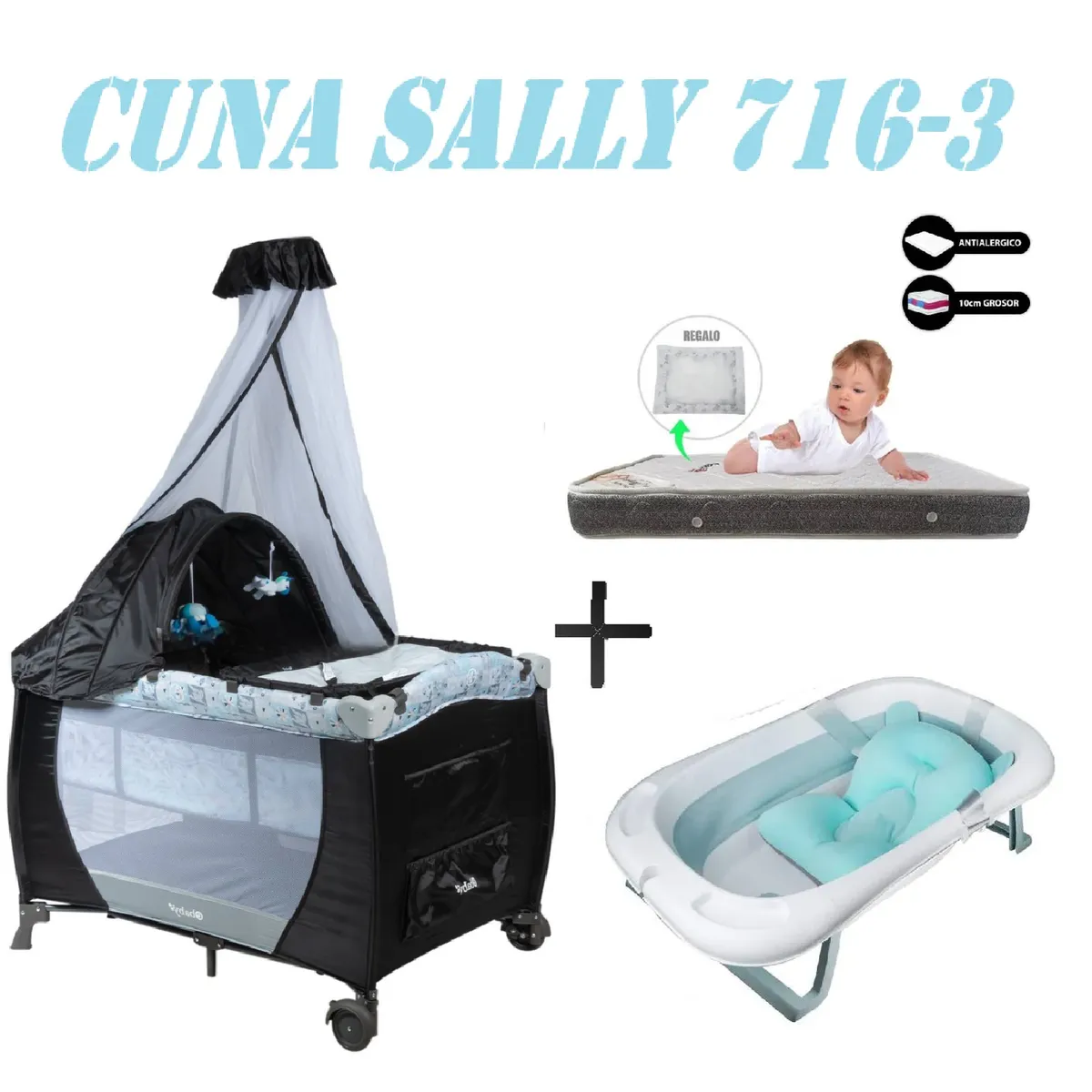 EBABY - Cuna Ebaby 716-3 Sally Tina Azul Colchon Gris-Gris