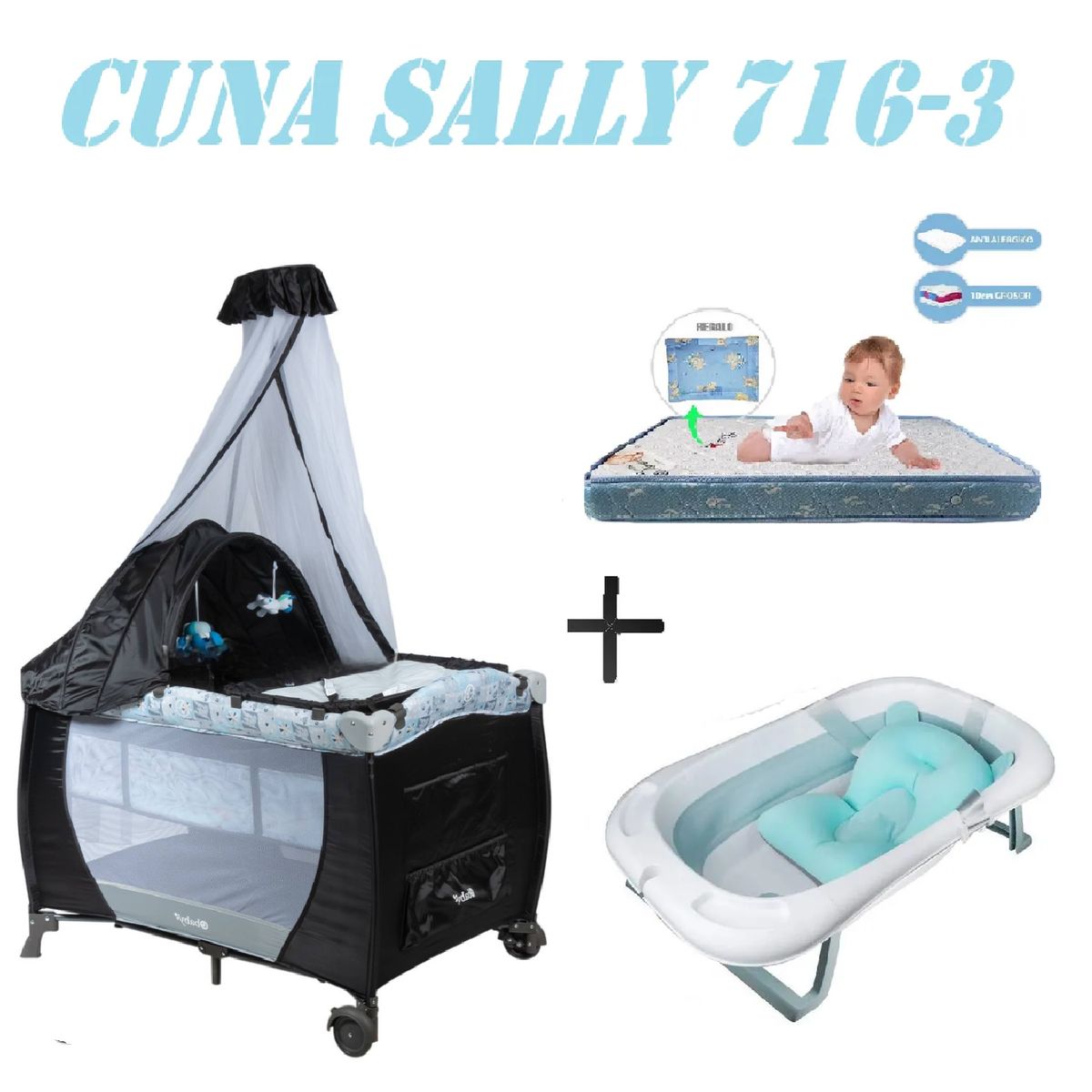 EBABY - Cuna Ebaby 716-3 Sally Tina Azul Colchon Gris-Azul